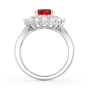 Bague vintage en or blanc 14 carats avec rubis rouge vif taille ovale personnalisée, halo floral double couche de diamants et sangle pavée de diamants - Product Image 4