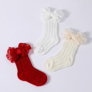 Chaussettes en tricot jacquard ajouré pour bébé, couleur unie, avec grand nœud long + bandeau, collection Printemps-Été, 0-3 ans - Product Image 4