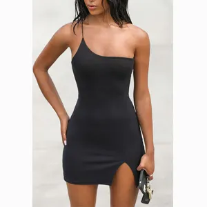 2024 New Arrival Summer Clue Party Wear Women Mini Dresses Fashion 1 Shoulder Solid Color Sexy Short Dress For Woman