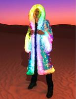 Nouvelle veste en fausse fourrure à paillettes argentées Patchwork LED Costume lumineux Applicable à plusieurs scénarios Manteau en fausse fourrure pour hommes