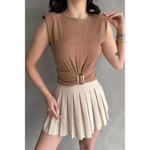 Blusa de Crepé con Cinturón y Hombros Acolchados para Mujer, Estilo Casual para el Día a Día, Ajuste Elástico, Color DO - Product Image 1