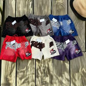 New Fashion Custom Distressed Embroidery Puff Print Logo Acid Wahed Vintage Sun Fade Cotton Terry Men Shorts With Rhinestone - Product Image 1
