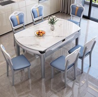 Ensemble table et chaises de salle à manger moderne extensible avec plateau en marbre de luxe et miroir, structure en acier inoxydable pliable pour maison, hôtel, entrée