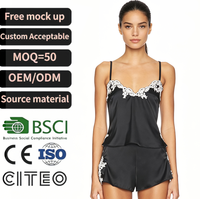 Ensemble pyjama en satin noir avec dentelle, camisole et short, lingerie sexy, vêtements de nuit pour femmes, tenue de détente estivale, deux pièces, vêtements de maison