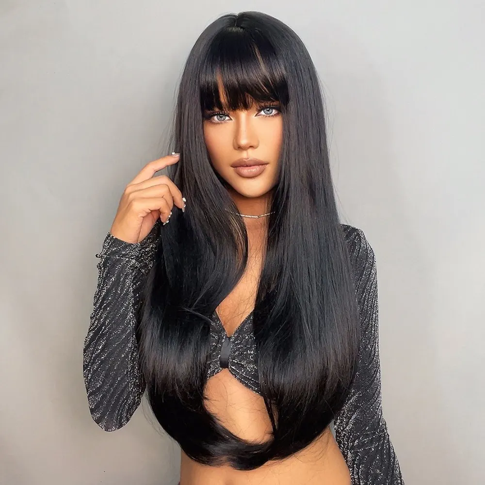 Fast Shipping Long Black Synthetic Wigs with Bangs Silky Straight Wigs for Women African American Heat Resistant Fiber
