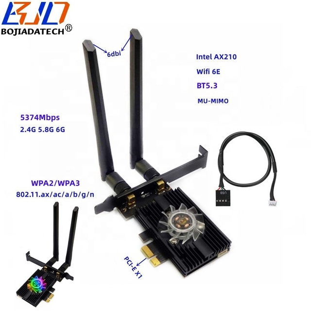 Factory Wholesale 5374Mbps PCI-E 1X WiFi Adapter Wireless Network Card AX210 MU-MIMO BT 5.3 WI-FI 6E With Heatsink RGB Fan