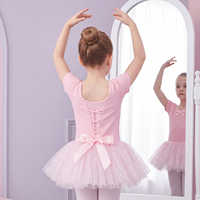 Robe tutu de ballet en coton pour filles, pour la pratique de la danse et les spectacles, manches courtes, nœud décoratif, jupe en tulle scintillante