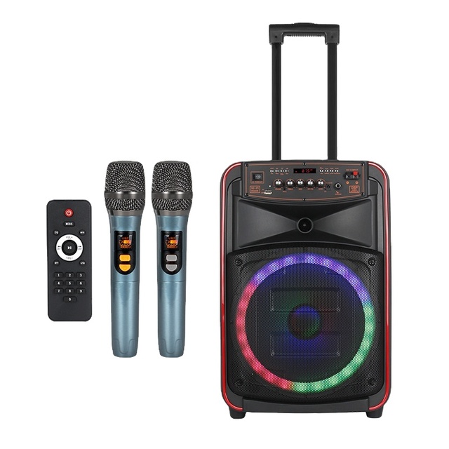 Portable Party 10W Wireless Speaker 8 inch Subwoofer Sound System with 2 PCS Wireless Microphones