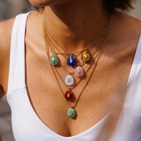 Collier en acier inoxydable plaqué or 14 carats avec perles CZ, yeux de tigre, lapis-lazuli, turquoise, grenat et pierres précieuses naturelles