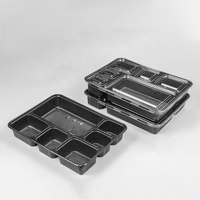 Kotak Makan Persegi Panjang Hitam 6 Kompartemen, Dapat Digunakan di Microwave, Sekali Pakai, Biodegradable, Wadah Plastik untuk Salad, Sandwich, Mie