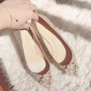 2025 Nieuwe Dames Zomer Bruiloft Instappers Platte Schoenen Parel Spitse Teen Lage Hak Ondiepe Mond Kristal Pailletten - Product Image 4