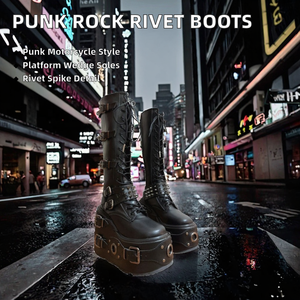 Botas de motociclista punk con plataforma, remaches de roca, cuña en la puntera, suela gruesa, atadas cruzado, con hebilla de cinturón de estilo robusto, de cuero vacuno estilo caballero - Product Image 2