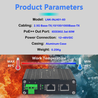 Injecteur PoE+ industriel durci 2 ports 2,5 G 60 W 12-48 V CC, montage sur rail DIN/mural pour caméra, compatible IEEE 802.3af/at