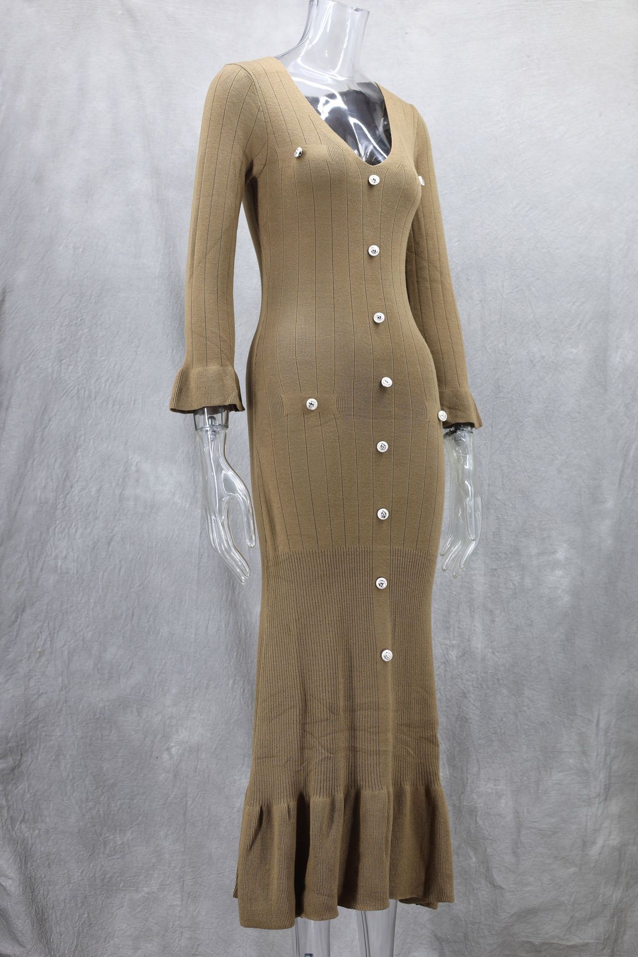 Autumn Winter Women's Knitted Maxi Dress - Casual Long Sleeve Slimming  Design with Button Detail for Fall Fashion