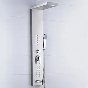 Sistem Panel Shower dinding kamar mandi, layar Shower baja tahan karat 5 fungsi hujan, air terjun, Shower genggam, nikel disikat