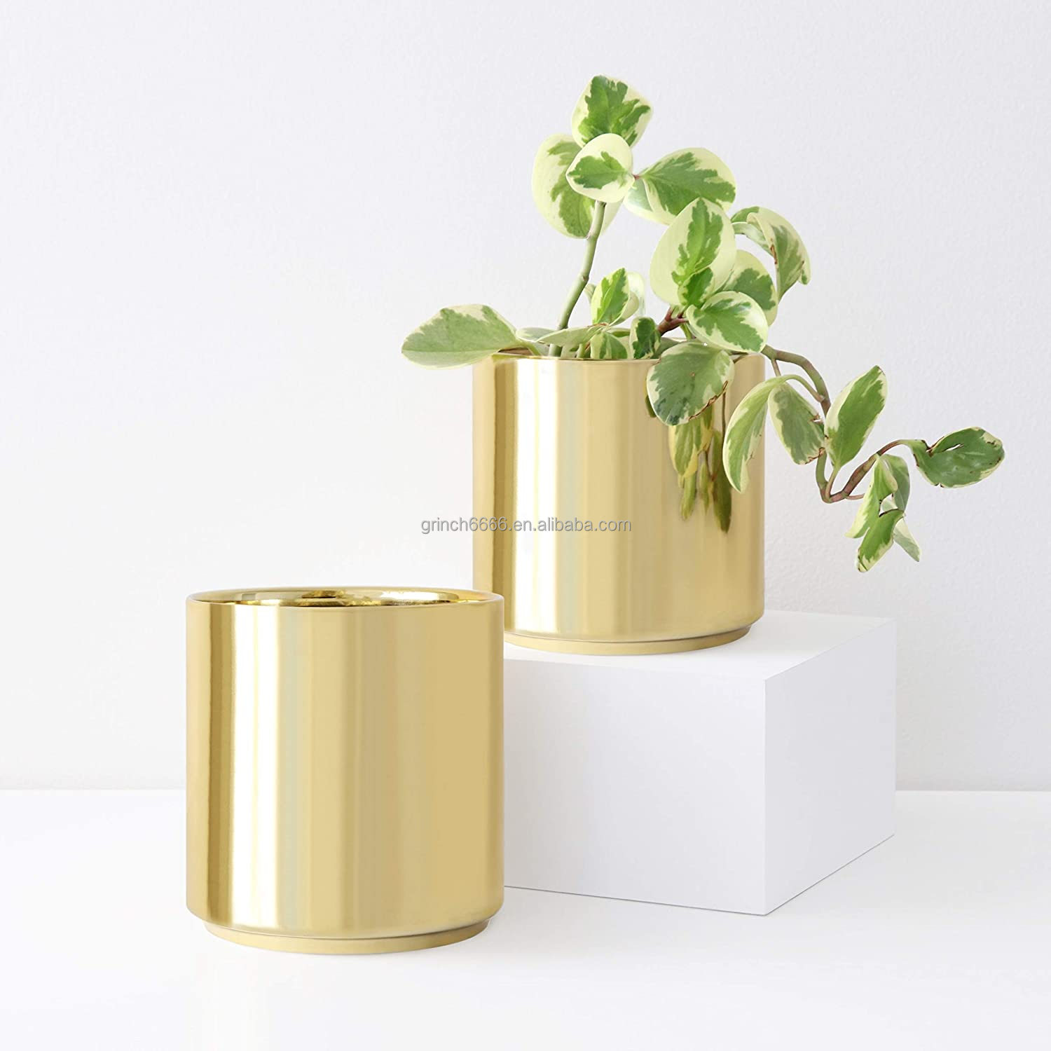 Vaso Per Piante In Metallo Dorato Con Foro Di Drenaggio, Rotondo, 17x15x15 Cm E 18x16x11 Cm, Decorazione Da Interno Per Soggiorno E Ufficio