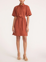Robe chemise vintage unie tissée pour femme, col, manches courtes, taille à nouer, poches, décontractée, mini, pour le bureau