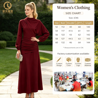 Robe longue de soirée formelle drapée bordeaux pour femme, col montant, manches froncées à la taille, disponible en grandes tailles, personnalisable, OEM