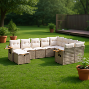 Conjunto de Jardín de Ratán Beige con Madera de Acacia Sólida y Estructura de Acero, Conjunto de Sofás para Exteriores para Uso en Jardín - Product Image 2