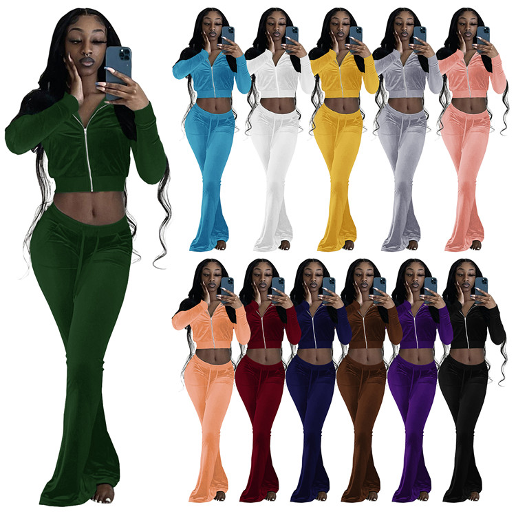 Velvet Two Piece Set Women Tracksuit Fall Clothing Zipper Hoodies Short Jacket Top Flare Pants Suits Casual Velour Outfits