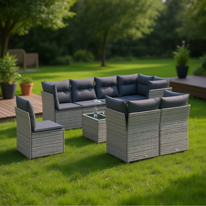 Conjunto de sofá de jardín de ratán sintético para 6 personas, muebles de exterior de diseño contemporáneo con estructura de acero y elementos de vidrio templado. - Product Image 2