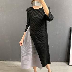 Plus Size Midi Casual Elegant <b>Dress</b> with Crew Neck Three Quarter Sleeves Beading Pleated Solid Color Versatile - Product Image 6