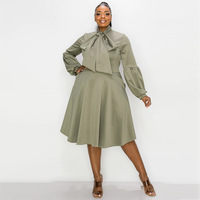 Mode couleur unie grande taille femmes nœud cou ruban Ballon manches à volants Flare extensible Satin robe