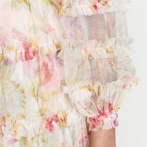 Abito da donna <span class=keywords><strong>in</strong></span> Tulle Nylon per donna con stampa floreale a manica lunga produttori di abbigliamento con volant elegante scollo a V logo personalizzato Bloom - Product Image 4