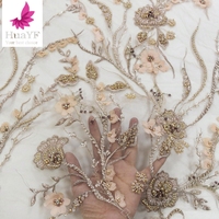 HY1353 obral baru buatan tangan Afrika bunga 3d manik-manik renda payet sifon applique gaun pernikahan kain