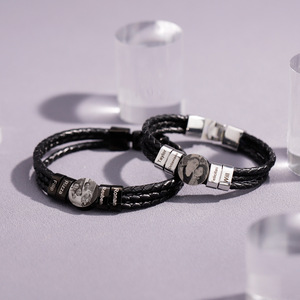 Triple Leather Braided Bracelet with Stainless Steel Family Photo Round Charm Bracelet for Men | Blank or Custom Logo with Laser - Product Image 2