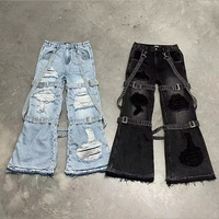 Jeans évasés à taille haute pour hommes, personnalisés en gros par le fabricant, denim délavé à volants, pantalon ample à franges, floral, droit