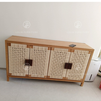 Aparador de Madera de Fresno Premium de 4 Puertas con Tejido Lateral, Mueble Buffet de Lujo para Villa, Credenza Moderna Orgánica con Almacenamiento