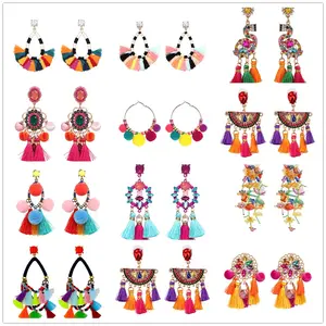 Fashion Jewelry 20 Designs cross-border wish bohemian tassel dangle earrings silk thread ethnic fashion pompom boho earrings