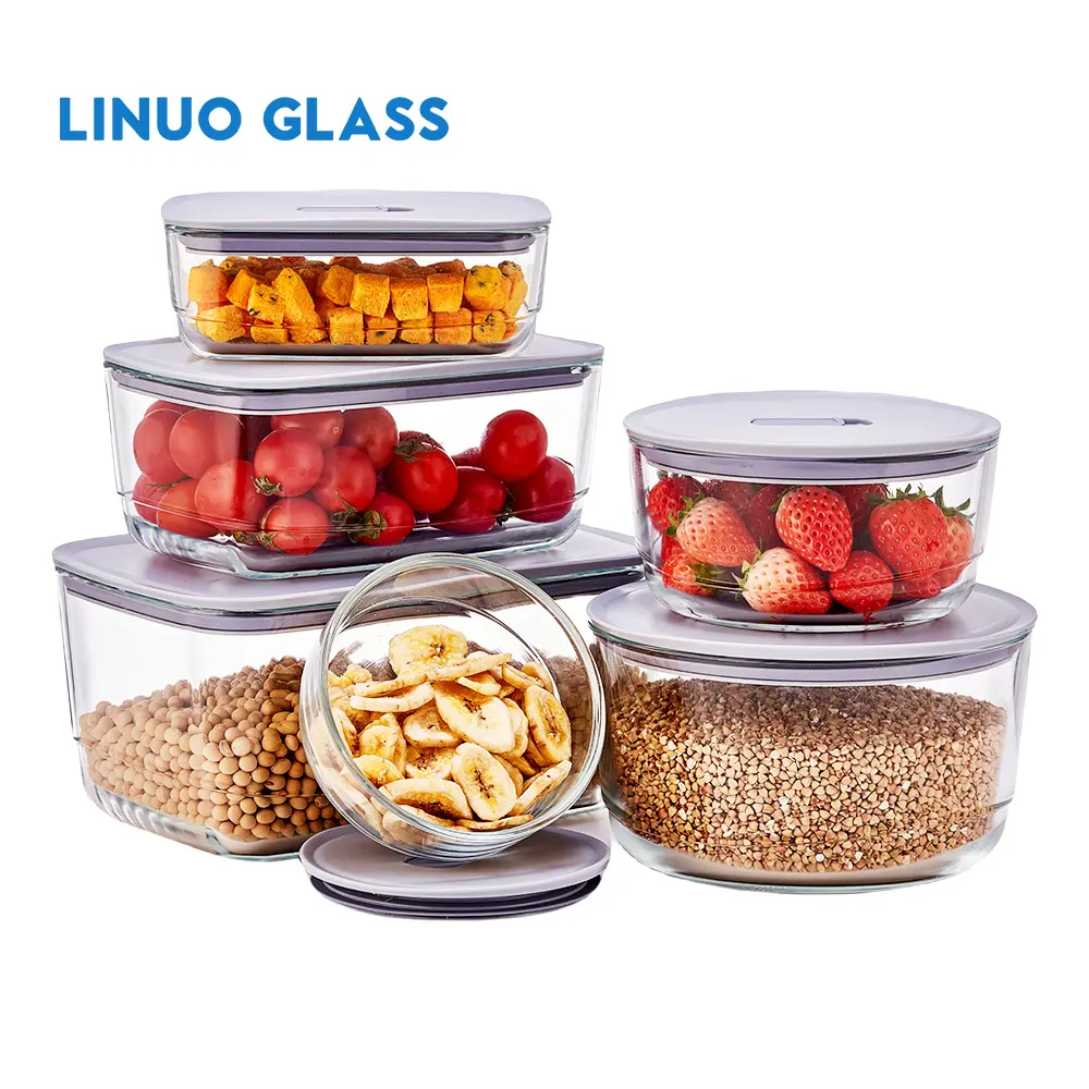 مجموعة حاويات زجاجية تخزين الطعام جاهزة للاستعداد قابلة للتكديس وخالية من البيسفينول من شركة Linuo مع حصيرة من السيليكون