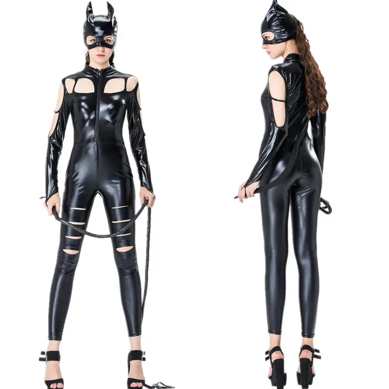 Halloween Women Leather Cat Jumpsuit Sexy Faux Leather Costume