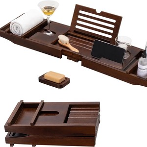 Teak Bathtub <b>Shelf</b> Rectangular Folding Bath Rack With Drainage For Bathroom Storage - Product Image 1