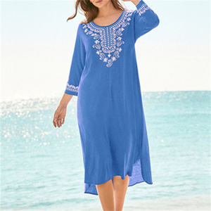 Nuovo stile alla moda <span class=keywords><strong>elegante</strong></span> e ricamato lungo <span class=keywords><strong>caftano</strong></span> taglie forti blu abito Midi abiti estivi donna Street Wear Casual Maxi abito - Product Image 1