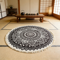 HR XLS07 Schwarzer Mandala-Muster Jacquard-Druck Polyester Handgefertigter Quasten-Rundteppich für Innenräume Schlafzimmer Wohnzimmer