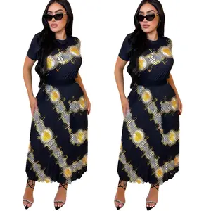 New arrival women clothing summer printed short-sleeved long skirt two-piece set Casual sexy ladies dress