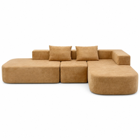 Canapé modulaire en daim camel avec chaise longue, garnissage en éponge à profil bas, tissu écologique durable pour salon Japandi