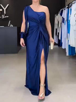 Robe de Soirée Plissée Asymétrique Grande Taille à Une Épaule, Longueur Sol avec Fente Haute, Coupe Slim et Manche Drappée en Satin