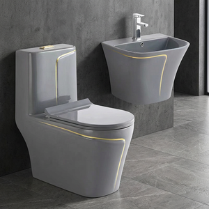 Toilette de luxe en céramique marbrée dorée pour WC, commode de salle de bain une pièce avec lavabo à main, évier, ensemble d'articles sanitaires - Product Image 6