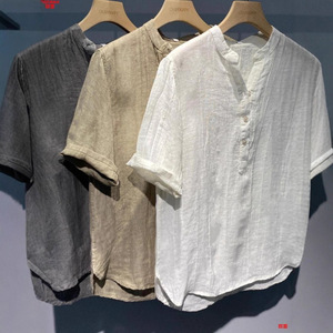 Kemeja Linen Katun Pria Kasual Kerah Mandarin Lengan Pendek Atasan Musim Panas Kemeja Pantai Ringan Bernapas Ukuran Besar 5XL - Product Image 1