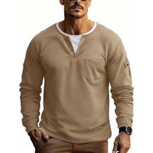 Camiseta Henley de Manga Larga para Hombre, Talla Grande, Texturizada, Lisa, Informal, con Bolsillo en el Pecho, para Otoño e Invierno - Product Image 4