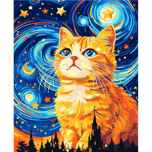 Con Mèo Màu Vàng Sao Bầu Trời Hoa Sơn Bằng Số Tự Làm Handpainted Hiện Đại Thân Thiện Với Môi Kỹ Thuật Số In Vải - Product Image 1