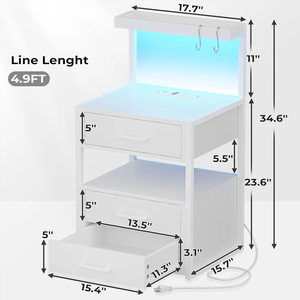 Table de chevet moderne en chêne blanc avec chargeur sans fil, ports USB, 3 tiroirs et éclairage LED pour chambre et salon - Product Image 3