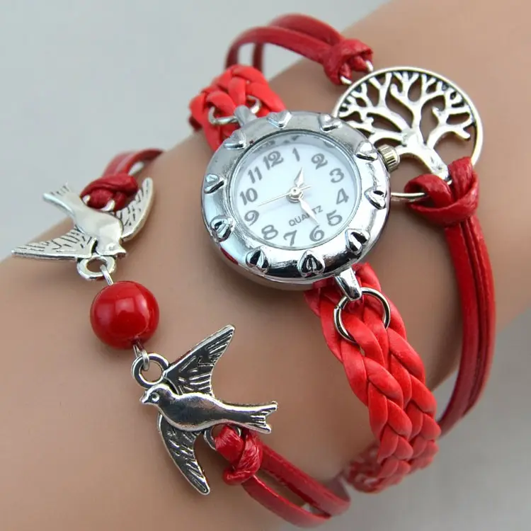 Braccialetti fatti a mano dell'uccello di modo su ordinazione all'ingrosso della fabbrica braccialetto intrecciato dell'albero della pace dell'orologio del cuore