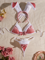 Set Lingerie Wanita Seksi Model Bunny Girl Tiga Potong, Bordir Tipis Tenun, Ramah Lingkungan, ODM