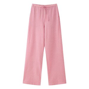 Pantalon long décontracté rose taille haute ample à jambe large avec cordon de serrage et motif rayé pour femme - Product Image 1