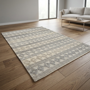 Alfombra Moderna Bohemia Geométrica Ecológica de Tejido Plano Rectangular Gris Beige para Interiores y Exteriores, Impermeable, de Lana con Bucle Cortado y Pelo Fino - Product Image 2